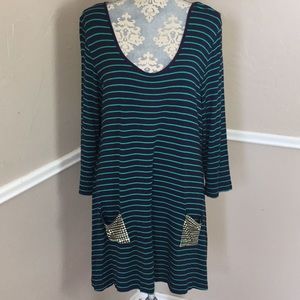 Stud Gold Pockets Scoop Long Sleeve stripe